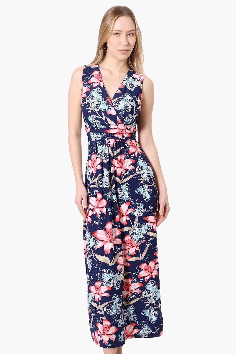 International INC Company Floral Crossover Back Tie Maxi Dress - Navy