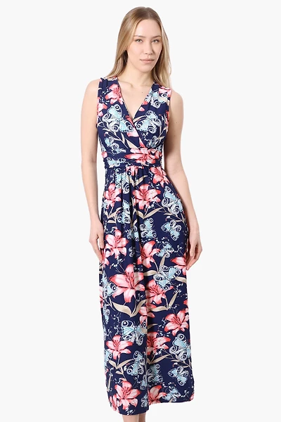 International INC Company Floral Crossover Back Tie Maxi Dress - Navy