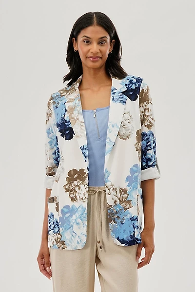 Floral Roll Up Sleeve Open Blazer - Blue