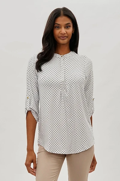 International INC Company Dotted Roll Up Sleeve Blouse - White