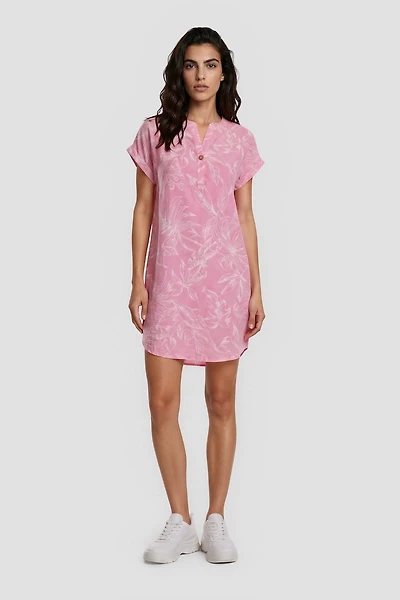 Short Sleeve Dress With Split Neck - Pink
