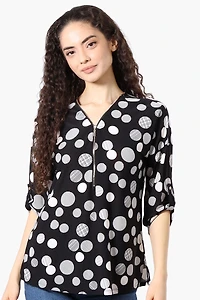 Beechers Brook Dotted Roll Up Sleeve Half Zip Blouse - Black