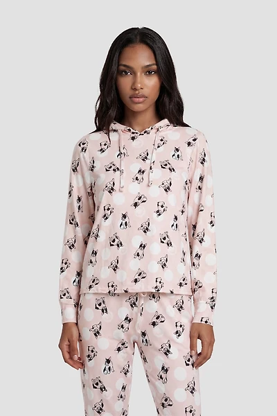 Long Sleeve Dog Print Hoodie Pajama Top - Blush