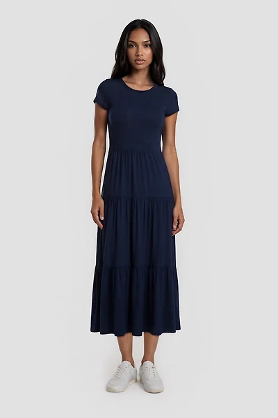 Short Sleeve Tiered Maxi Dress - Navy