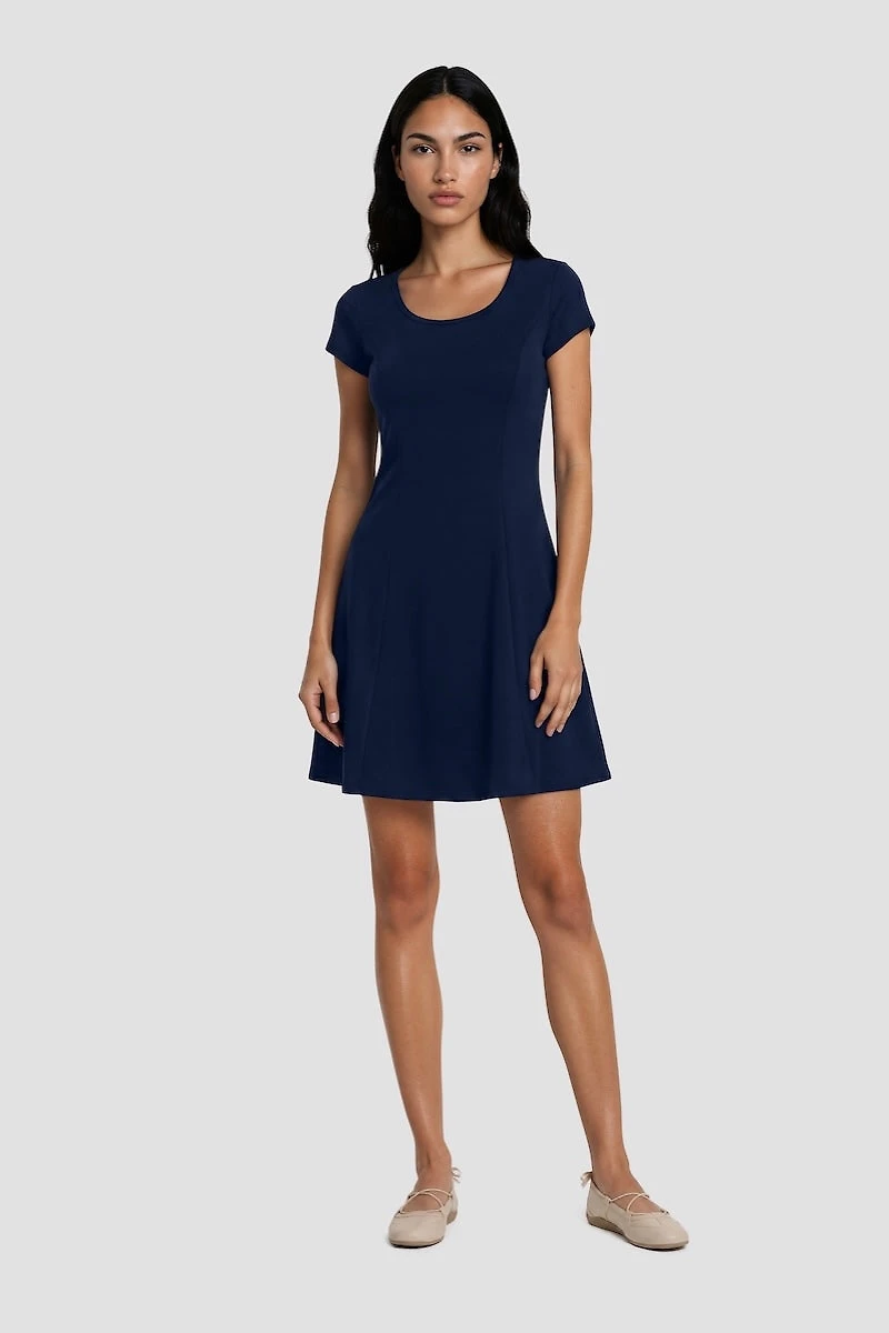 Round Neck Short Dress - Navy