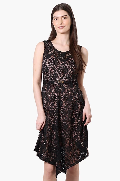 Limite Floral Lace Sequin Cocktail Dress - Black