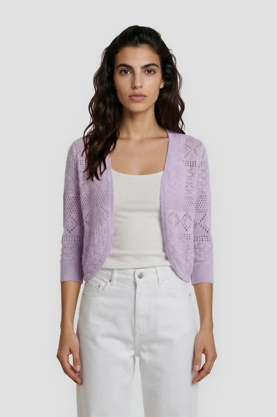 3/4 Sleeve Open Knit Shrug - Lavender