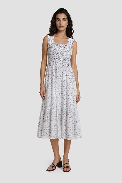Smocked Tiered Midi Dress - White