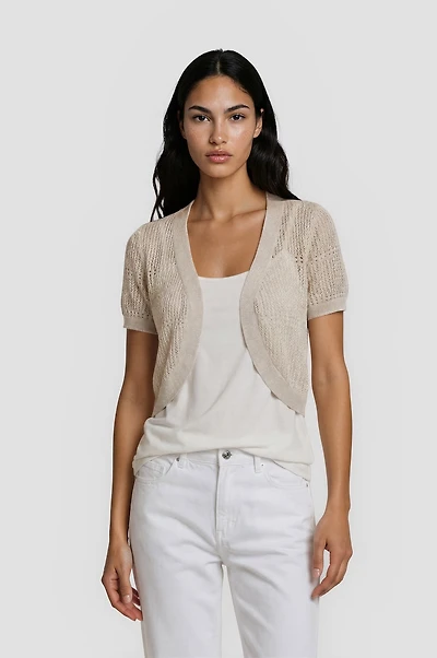 Open Knit Short Sleeve Shrug - Taupe
