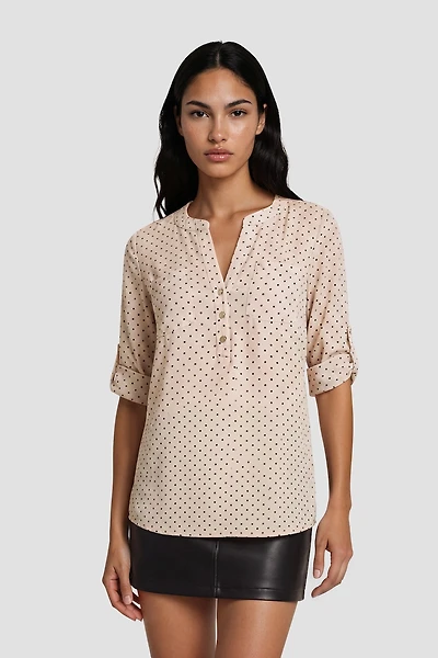 Polkadot Print Half Button Up Shirt - Blush