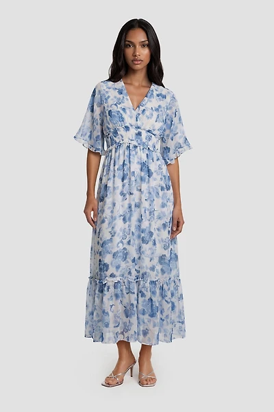 V-Neck Bell Sleeve Maxi Dress