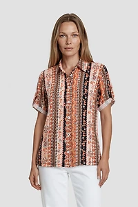 Printed Button Up Short Sleeve Shirt - Orange