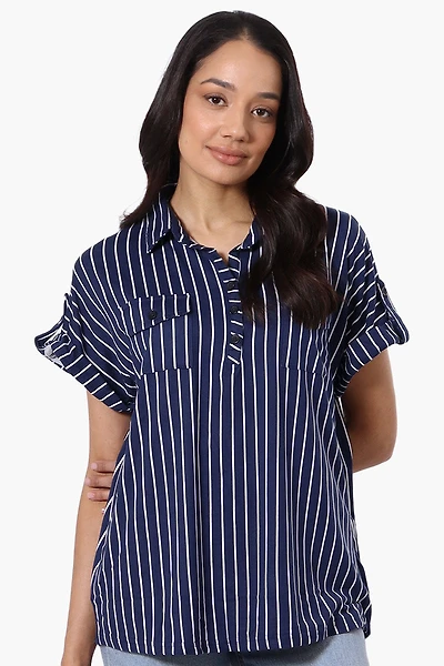 Urbanology Striped Button Down Short Sleeve Shirt - Navy