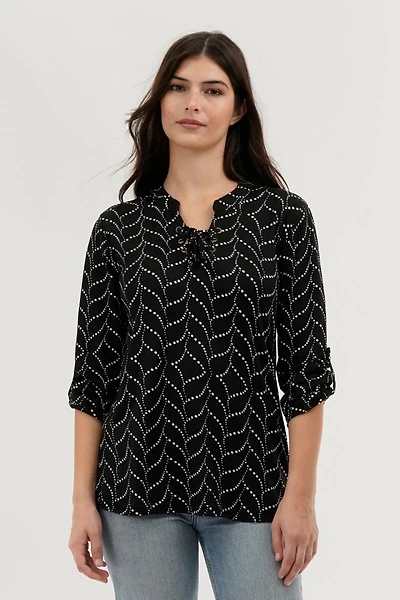 Majora Patterned Lace Up Blouse - Black