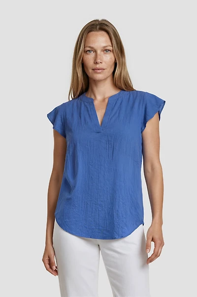 Cap Sleeve V Neck Shirt - Blue