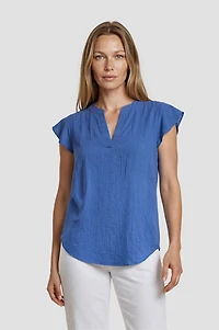 Cap Sleeve V Neck Shirt - Blue