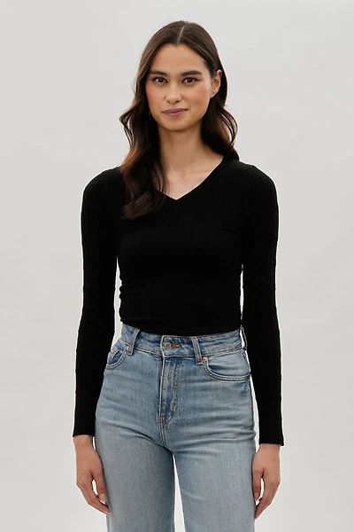 International INC Company Ribbed V-Neck Long Sleeve Top