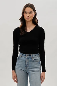 International INC Company Ribbed V-Neck Long Sleeve Top