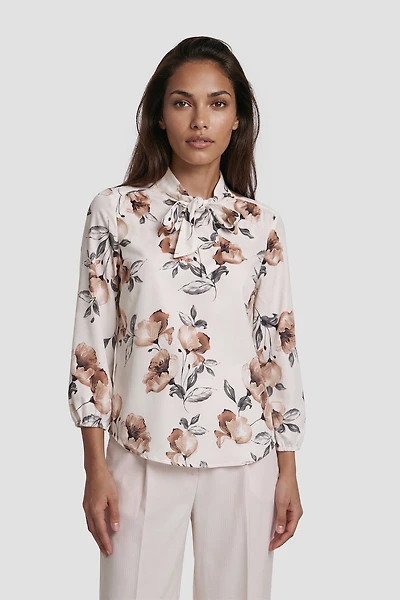 Long Sleeve Flower Print Bow-Tie Shirt - Beige