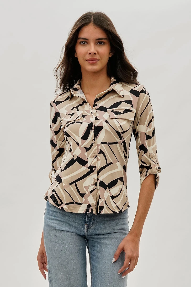 International INC Company Patterned Button Up Shirt - Beige