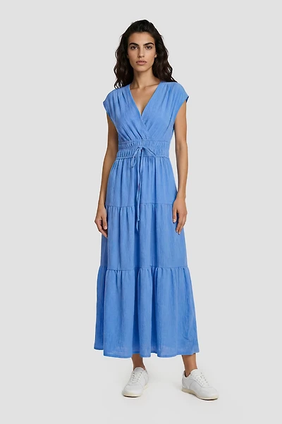 Tiered V Neck Maxi Dress - Blue
