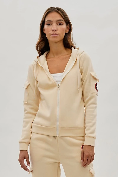 Fahrenheit Zip Up Utility Pocket Hoodie - Cream