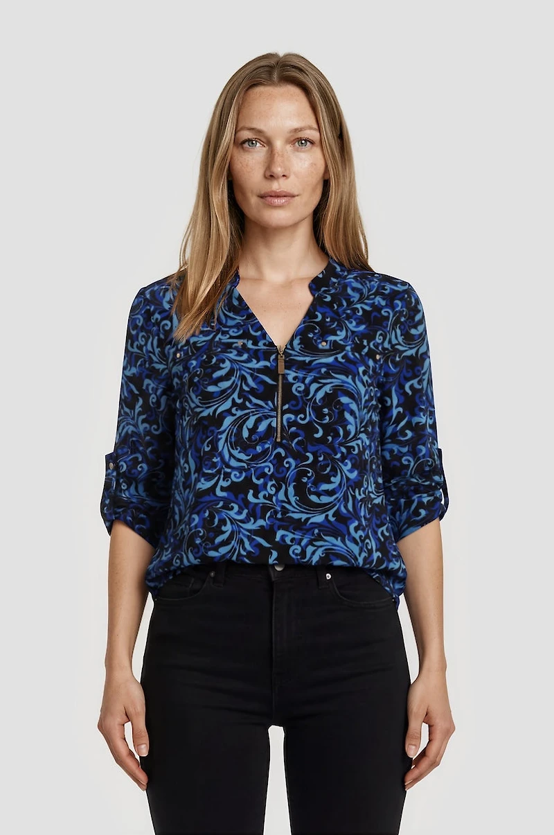 Half Zip Roll Up Sleeve Blouse