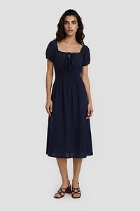 Smocked Waist Midi Dress - Navy