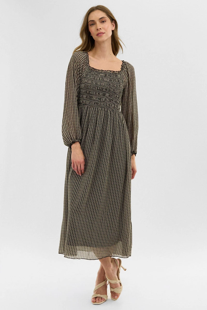 Costa Blanca Long Sleeve Smocked Maxi Dress - Black