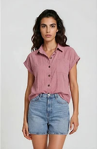 Short Sleeve Button Up Shirt - Purple