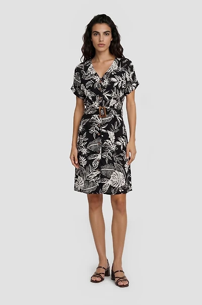 V-Neck Printed Button Up Dress - Black