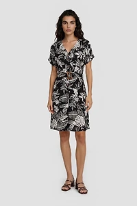 V-Neck Printed Button Up Dress - Black