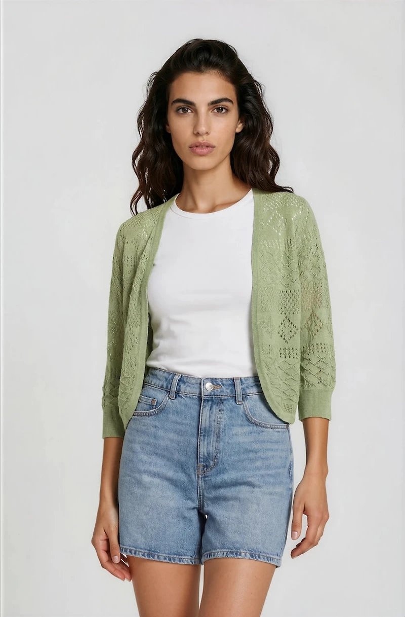 3/4 Sleeve Open Knit Shrug - Mint