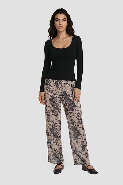 Flower Print Mesh Pants - Beige
