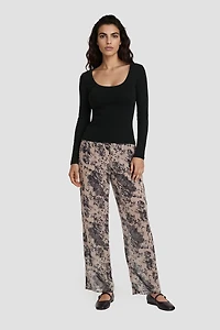 Flower Print Mesh Pants - Beige