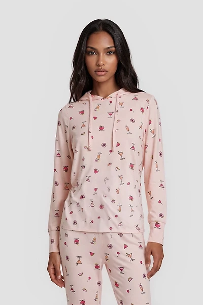 Martini Print Long Sleeve Hoody Pajama Top - Blush