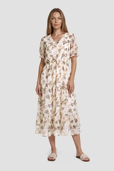 V Neck Flower Print Midi Dress