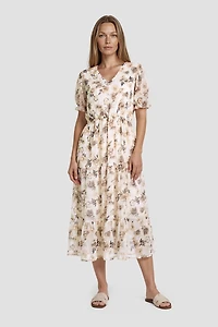 V Neck Flower Print Midi Dress