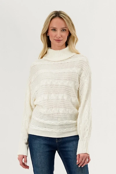 Cable Knit Mock Neck Pullover Sweater - White