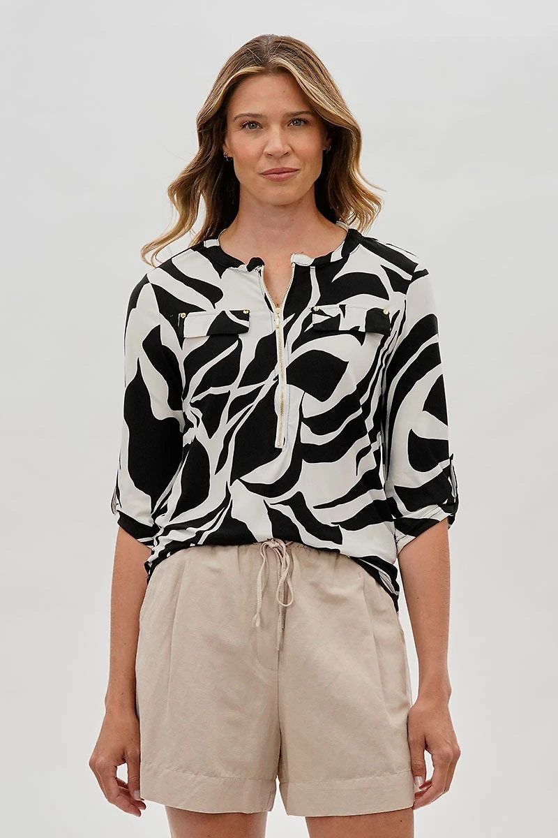 International INC Company Patterned 1/4 Zip Shirt - White