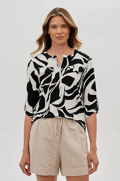 International INC Company Patterned 1/4 Zip Shirt - White