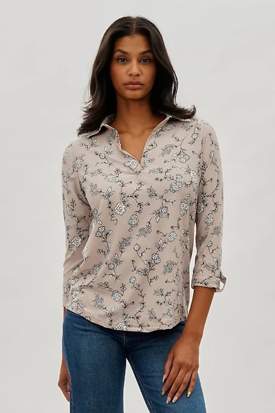 International INC Company Floral Split Neck Blouse - Taupe