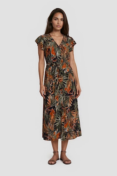 V-Neck Cap Sleeve Printed Day Dress