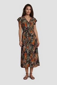 V-Neck Cap Sleeve Printed Day Dress