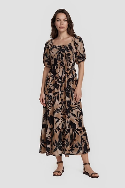 Square Neck Puff Sleeve Midi Dress