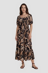 Square Neck Puff Sleeve Midi Dress