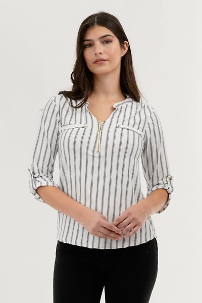 International INC Company Patterned 1/4 Zip Blouse - White