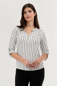 International INC Company Patterned 1/4 Zip Blouse - White