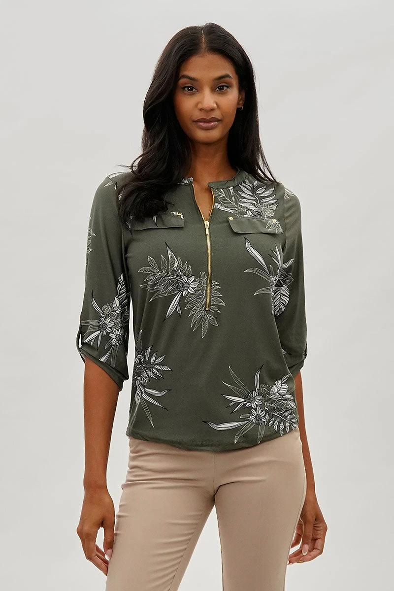 Beechers Brook Floral Half Zip Blouse - Olive