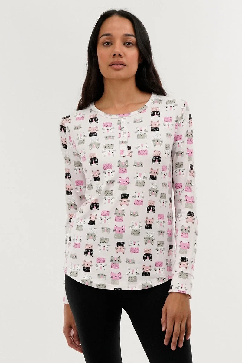 Canada Weather Gear Cat Print Henley Pajama Top - Blush